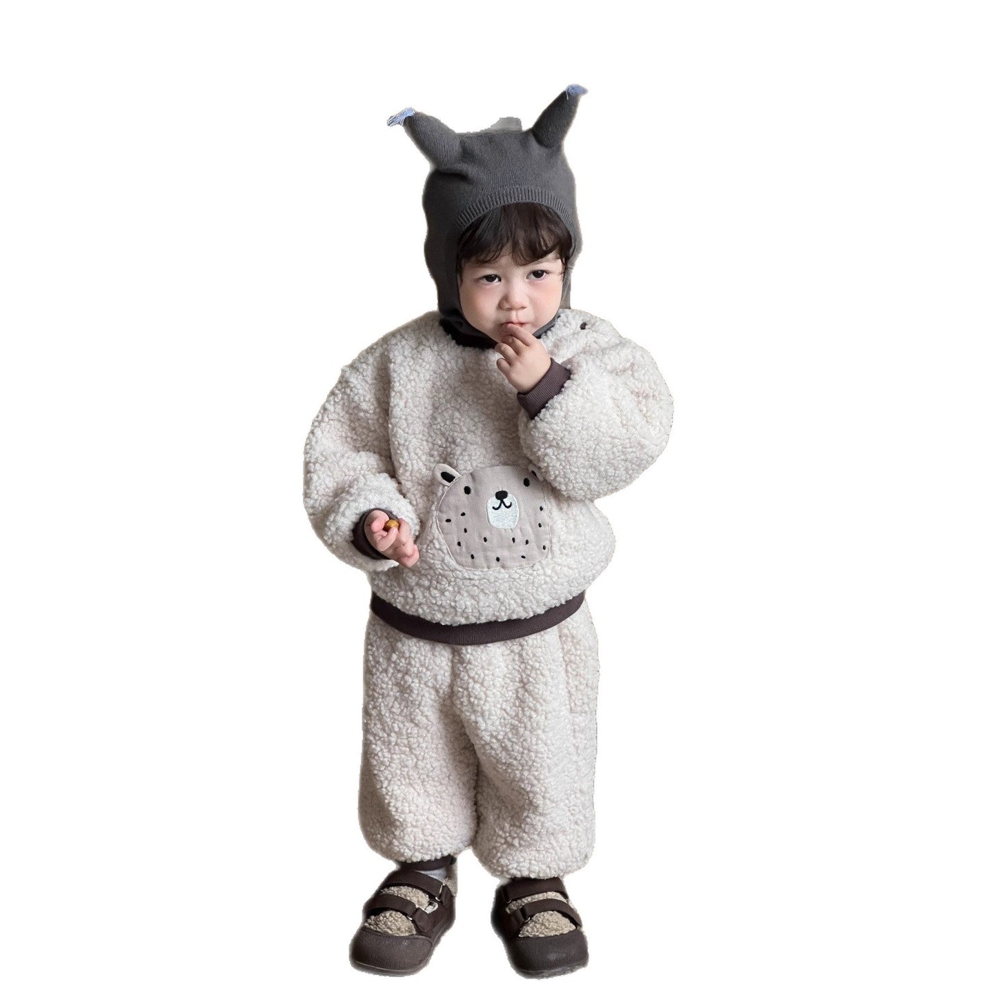 GN26012705寶寶2025秋冬新款衣服韓版童裝兒童毛絨加厚冬季男童加絨熊頭套裝