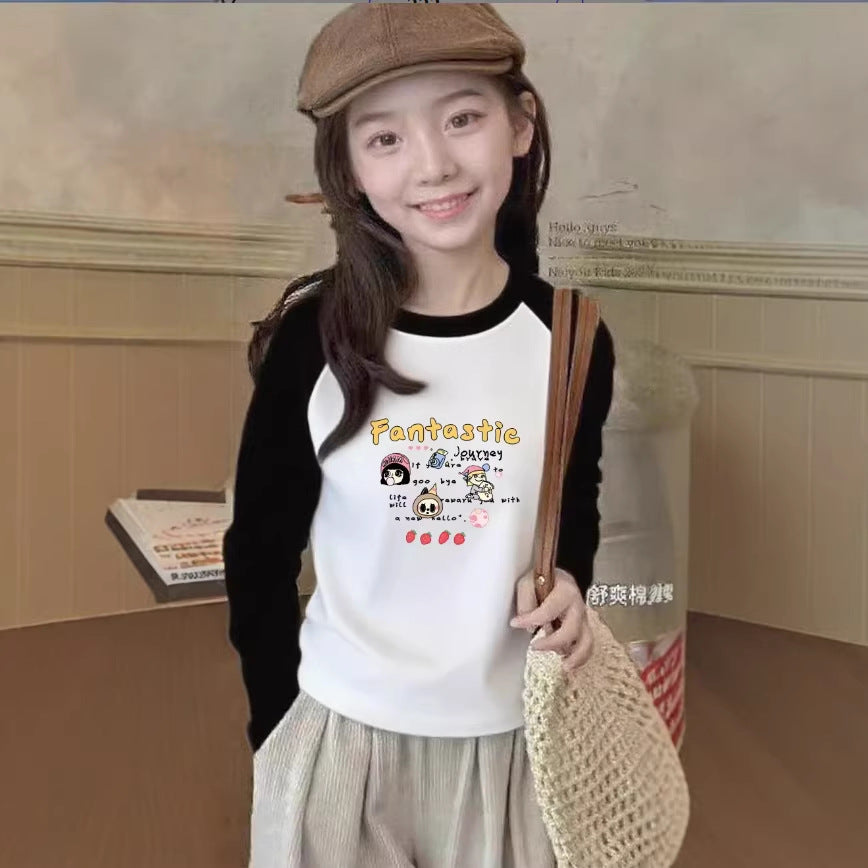 CE260905012女童時尚卡通拼色純棉長袖T恤秋季兒童休閒百搭印花打底衫上衣潮