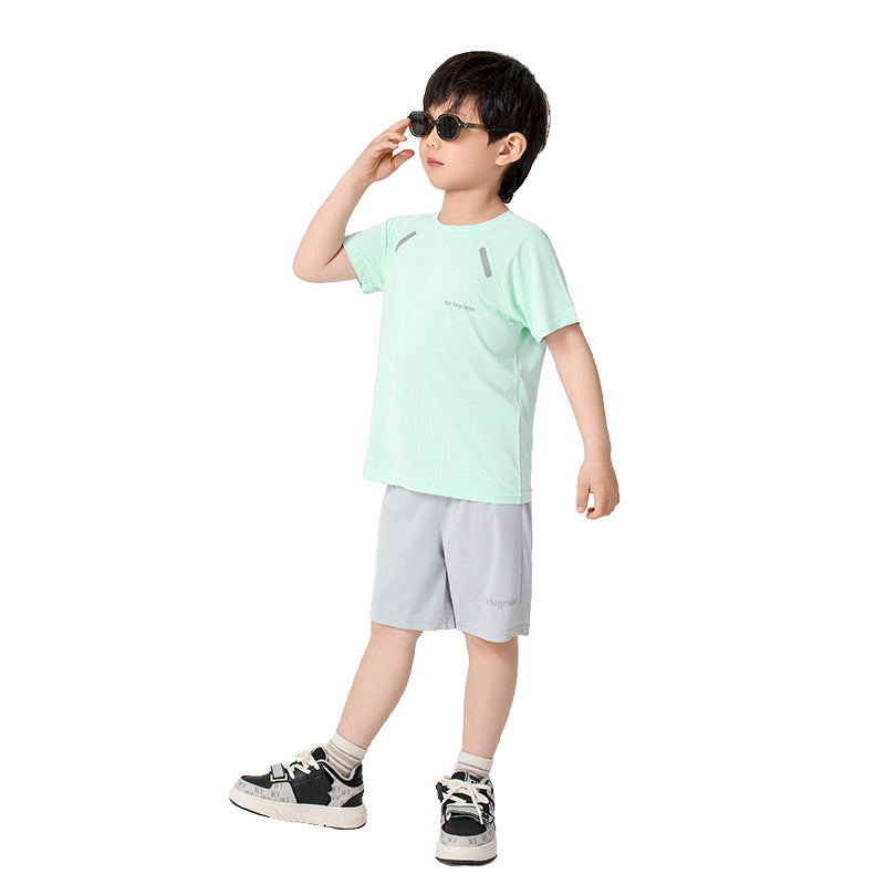 CK26050507男童速乾短袖短褲套裝夏季女童冰絲網眼T卹兒童運動兩件套中大童(9-12天到貨)