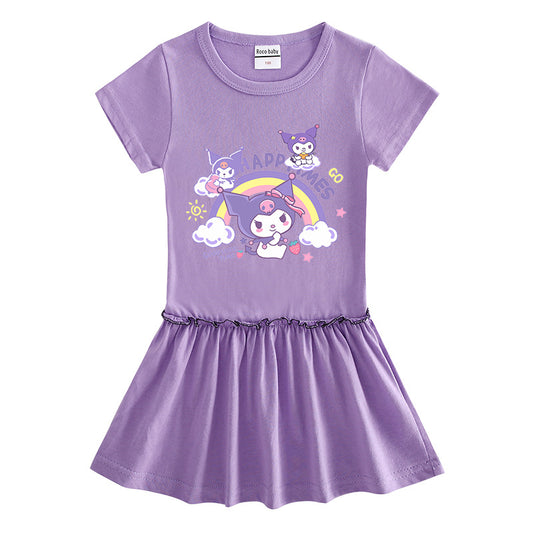 CI26041513夏日童裝卡通插肩拼色半袖女孩百褶女寶寶洋氣百褶荷葉裙