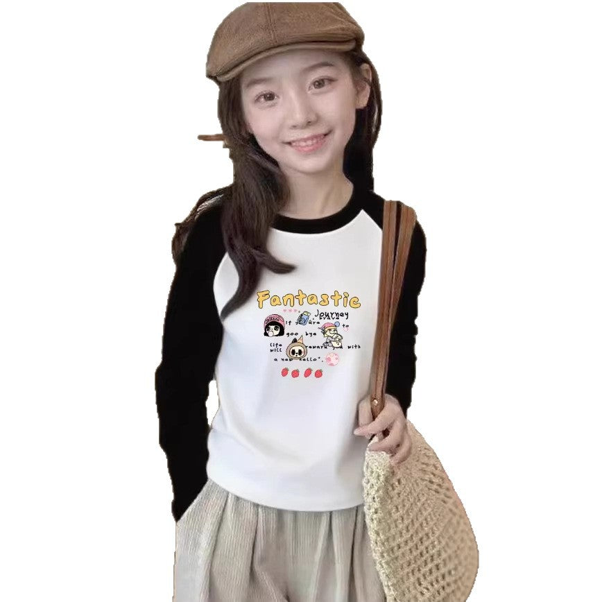 CE260905012女童時尚卡通拼色純棉長袖T恤秋季兒童休閒百搭印花打底衫上衣潮