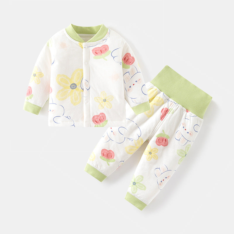 GJ25102101嬰兒夾棉內衣套裝兒童秋冬打底對開秋衣褲男女寶寶薄棉高腰護肚秋