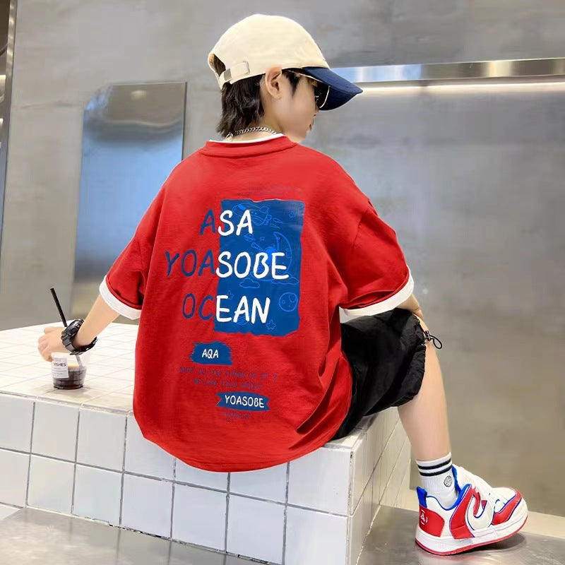 Z25030412棉質中大童男童短袖t恤打底衫夏季帥氣男孩休閒服兒童裝圓領上衣