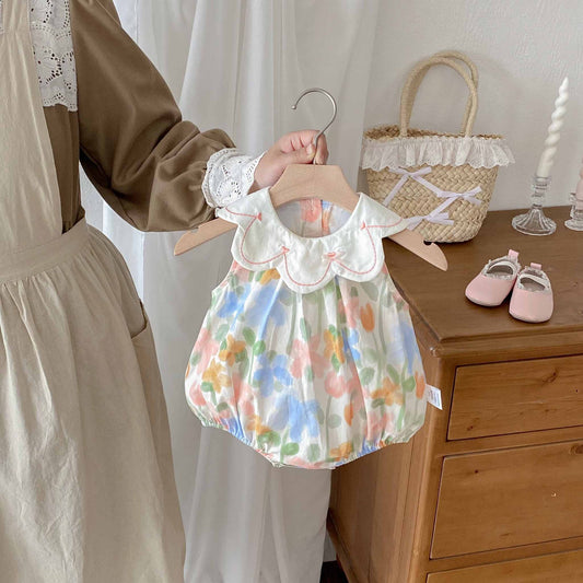 26071611寶寶連身衣夏季哈衣寶寶韓版背心爬服女寶碎花包屁衣可愛戶外衣服