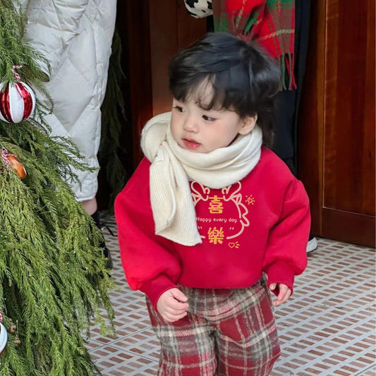 CA24011808紅色新年款喜慶男女童衛衣套裝加絨韓版冬裝保暖寶寶圓領絨衫上衣