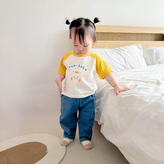 K23062914夏季新款韓版兒童T卹ins款拼色小動物印花短袖上衣中小童短T   (2件起批,可混K開頭的)