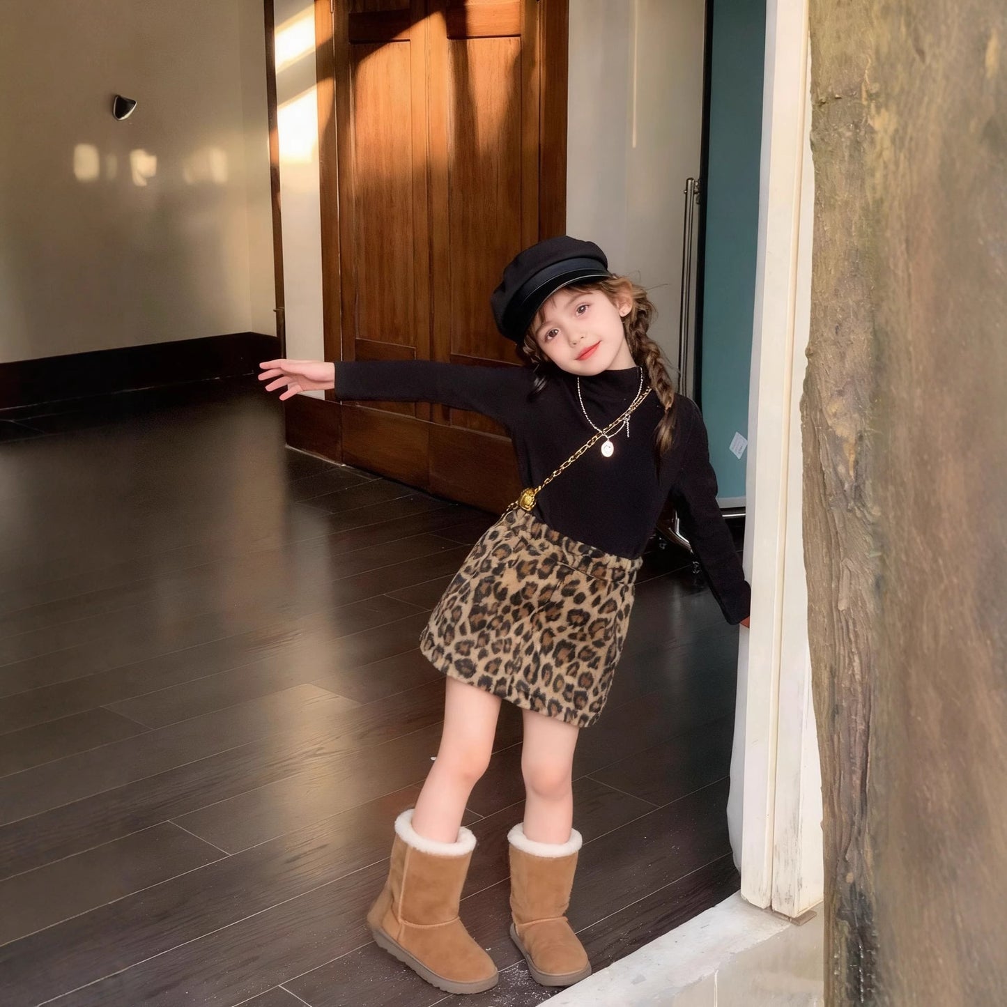 Z26010126女童半身裙2025秋冬新款韓版豹紋毛呢美式復古辣妹高腰短裙