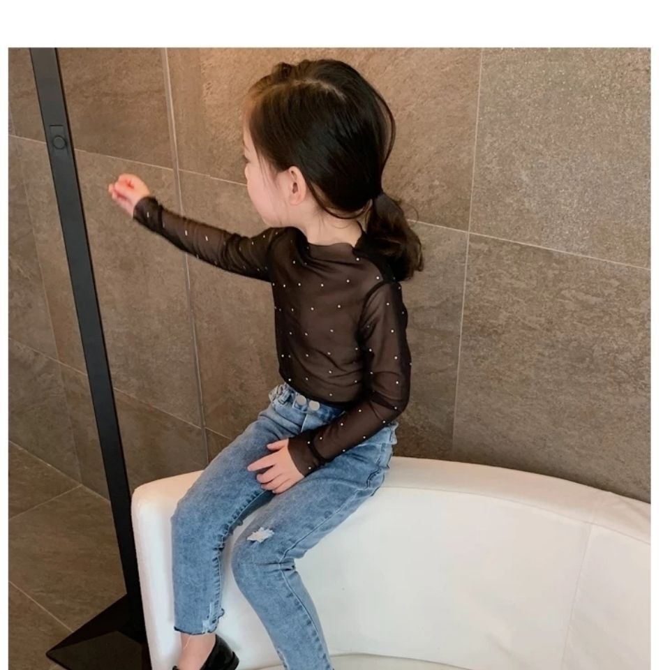Z25030903女童網紗上衣長袖鏤空網狀T恤兒童透明亮片時尚洋氣外穿打底衫潮