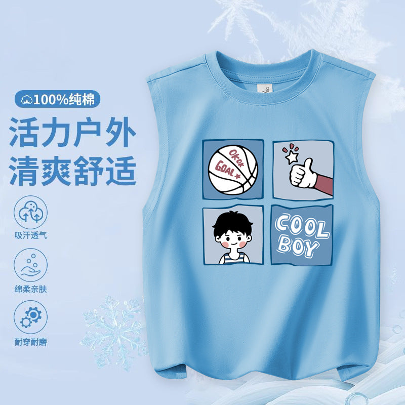 FN26052912男童純棉背心2026圓領套頭衫卡通印花夏季寬鬆兒童無袖上衣