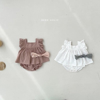 GF25061704韓國版女童嬰幼兒寶寶花邊背心麵包褲兩件套ins夏款新生兒飛袖套裝