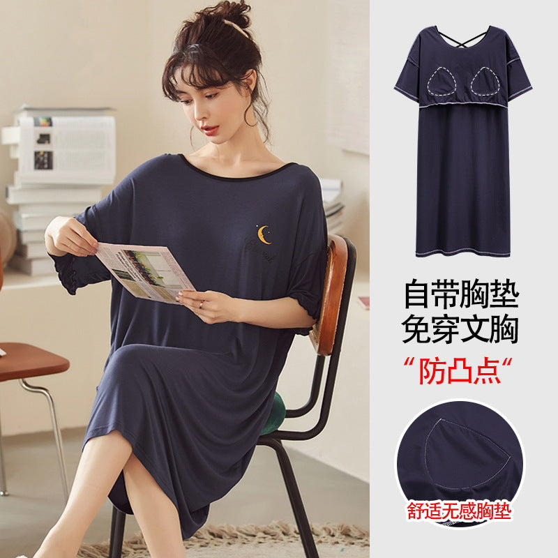 Z25040126自備胸墊一體式睡裙女款夏季短袖睡裙夏天莫代爾可外穿