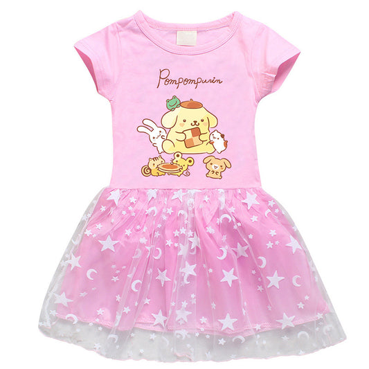 CI26041510韓版女兒童洋裝夏季女孩春秋長袖星星網紗百褶短袖公主裙