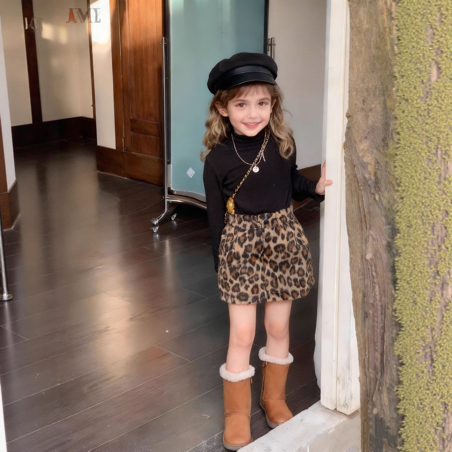Z26010126女童半身裙2025秋冬新款韓版豹紋毛呢美式復古辣妹高腰短裙