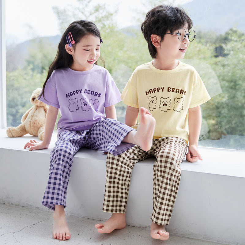 CK26050506兒童睡衣夏季純棉短袖長褲男童家居服女童寶寶空調服大童親子套裝(9-12天到貨)