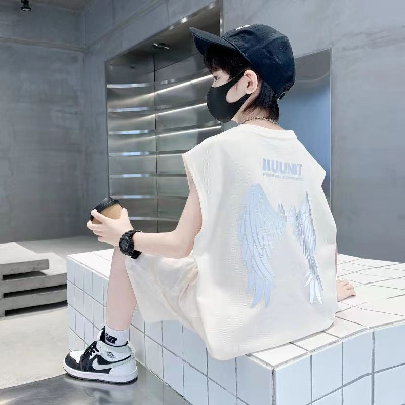 FM26042202男童夏裝套裝男童背心短褲套裝休閒無袖運動中大童兩件套兒童衣服