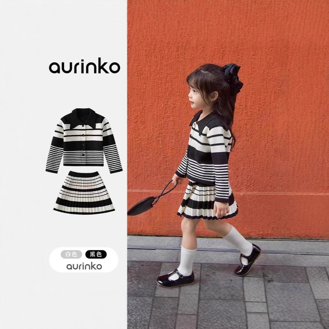 CF25091918女童半身裙套裝-柔軟學院百褶裙兩件春秋上衣外搭針織衫洋氣