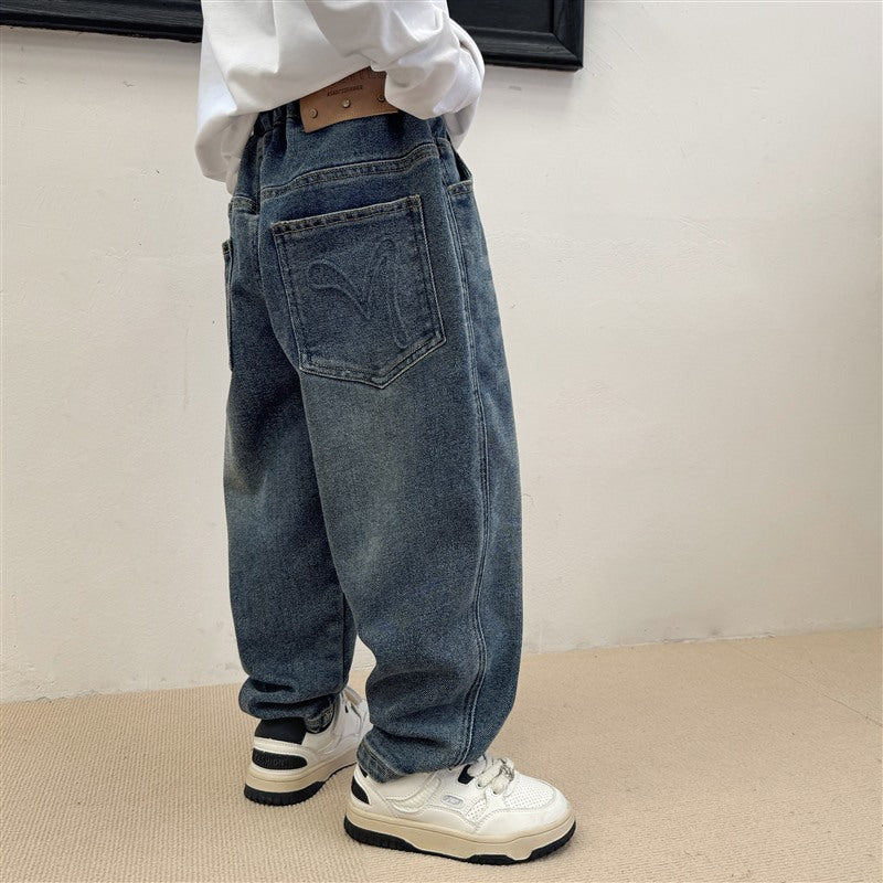 GJ25082712春秋新款男童復古刺繡軟牛仔褲子韓版秋裝長褲寬鬆