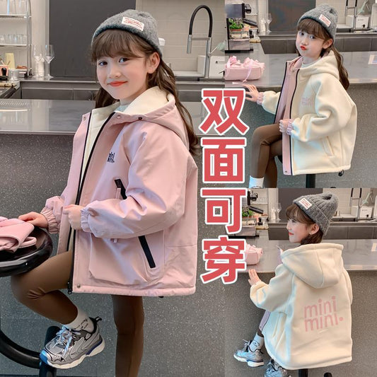 CH25110524女童秋裝裙兒童洋氣女孩秋冬兩面穿加絨加厚字母衝鋒衣