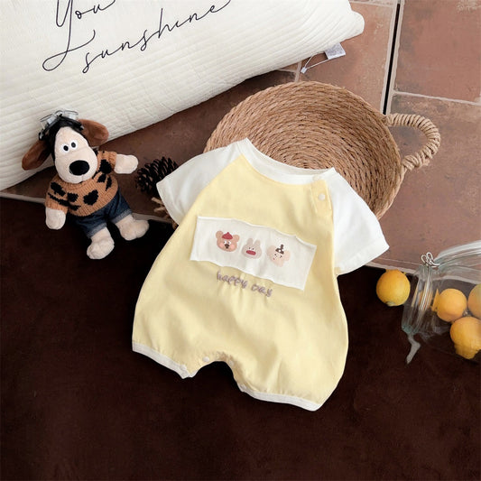 GH25070710夏裝韓版洋氣嬰兒短袖爬服0-2歲男寶寶貼布卡通薄連身衣（熱銷商品—庫存不多僅上架批發２周）