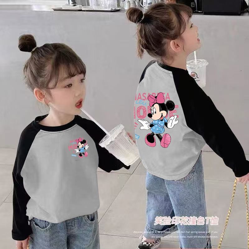 CE25091901女童長袖t卹春秋裝新款兒童撞色卡通洋氣女孩中大童打底上衣