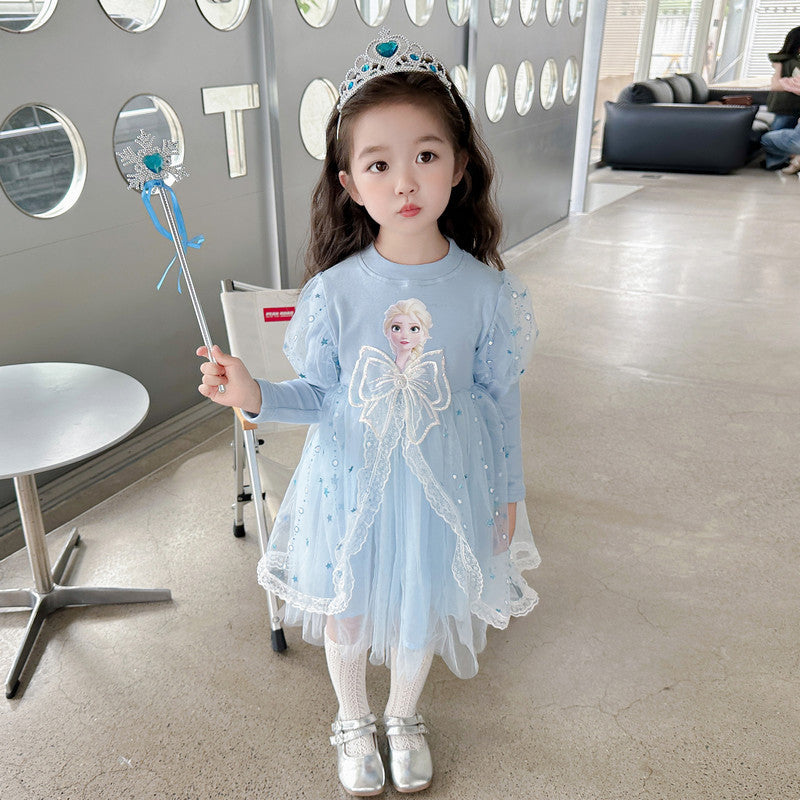Z26102203女童韓版長袖艾莎公主裙兒童2026秋季秋季愛莎裙棉網紗裙潮