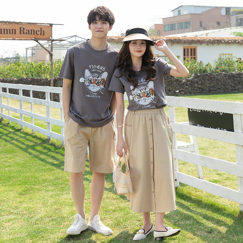I26070709三寶/夏裝純棉貓貓國潮印花T半身裙一家四口親子裝母子