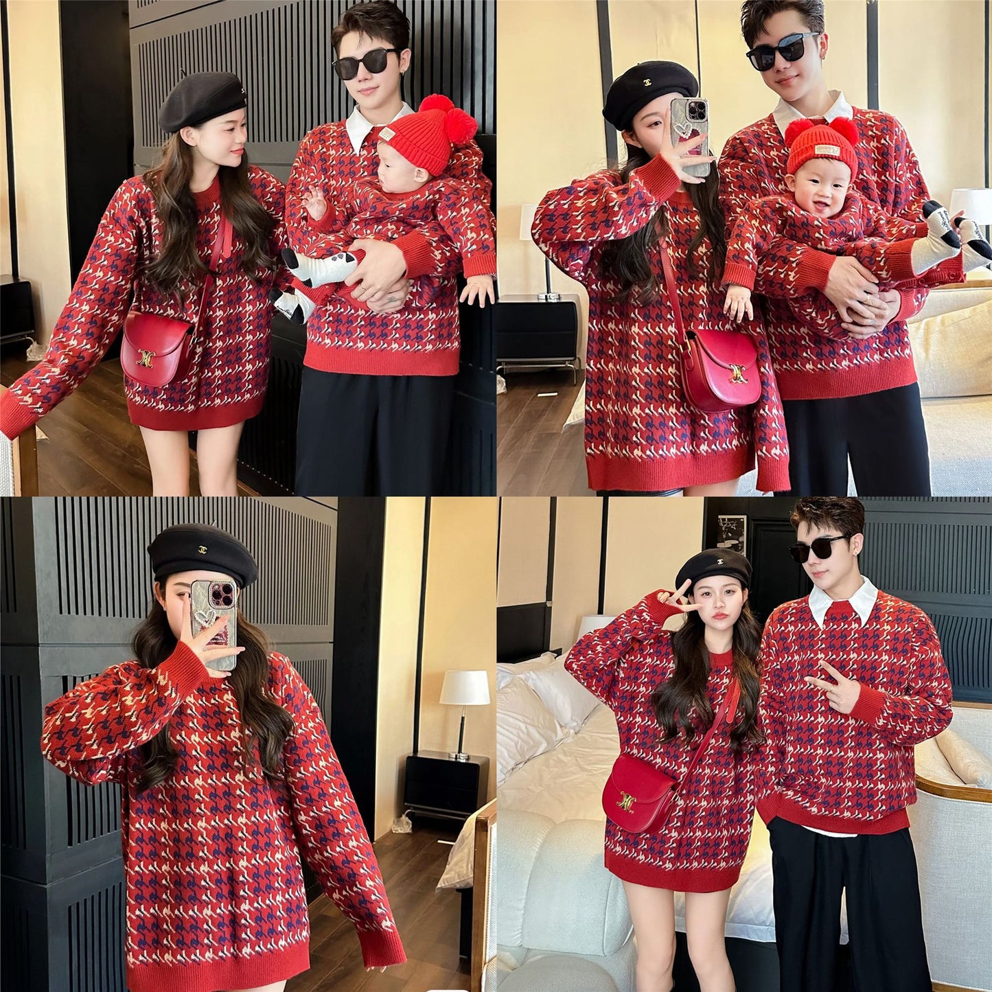 L26010614馬年親子裝秋冬毛衣2025新款紅色童裝三口針織衫母女拜年服潮
