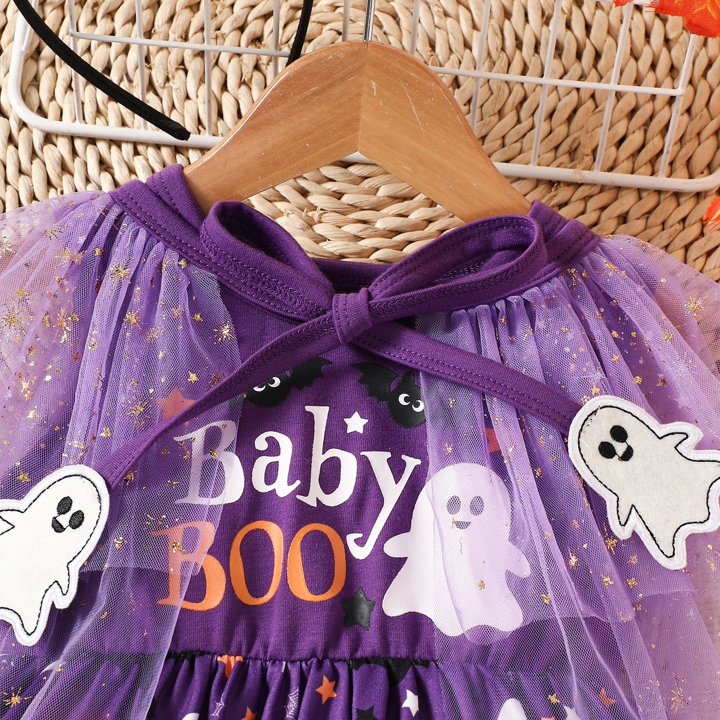 Z25091125萬聖節童裝2025新款女幼童南瓜印花背心裙星星網紗披風套裝