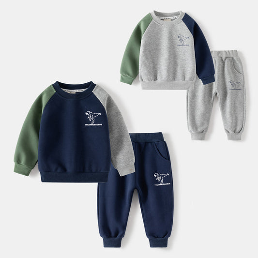 Z23112203男童套裝批發2023新兒童恐龍印花撞色長袖套裝寶寶運動2件套潮