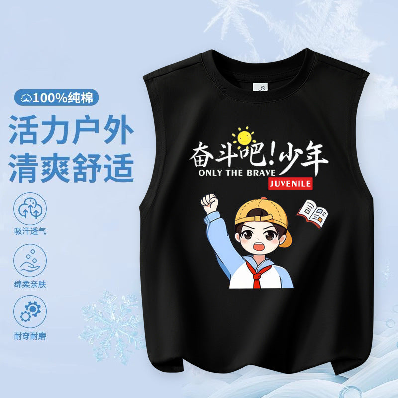 FN26052912男童純棉背心2026圓領套頭衫卡通印花夏季寬鬆兒童無袖上衣