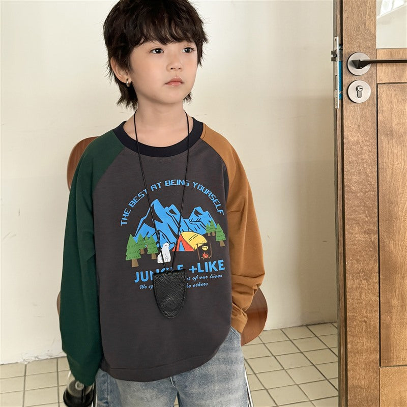 GJ25082714春秋新款純棉長袖T卹兒童山系印花童裝衣服春裝潮
