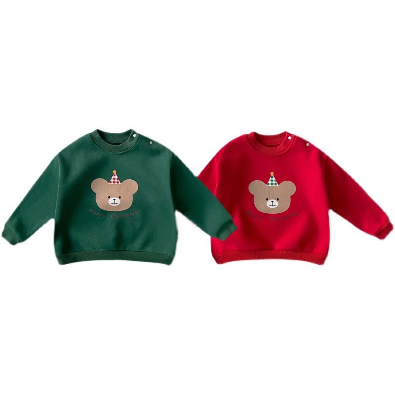 CA25112702一體絨寶寶聖誕新年上衣可愛卡通小熊秋冬季寶寶加絨保暖套頭衛衣
