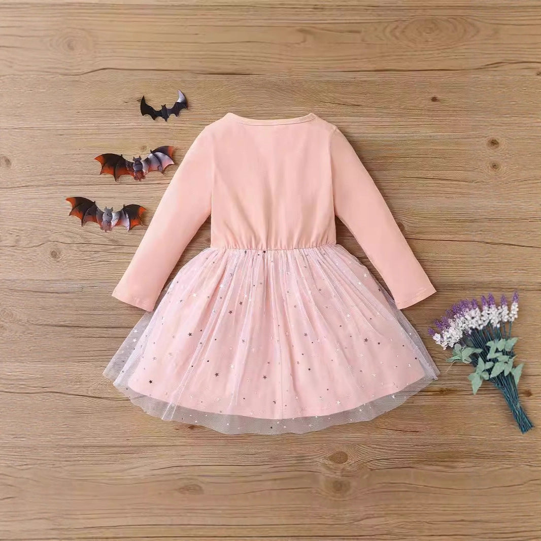 Z25091122外貿邊境萬聖節cosplay中小女童裝秋款長袖蝙蝠衫網紗裙裙擺