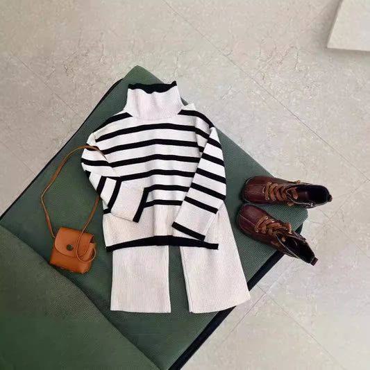 CF25091916童裝韓國版套裝秋季復古條紋毛衣套裝女童套頭毛衣修身闊腿褲