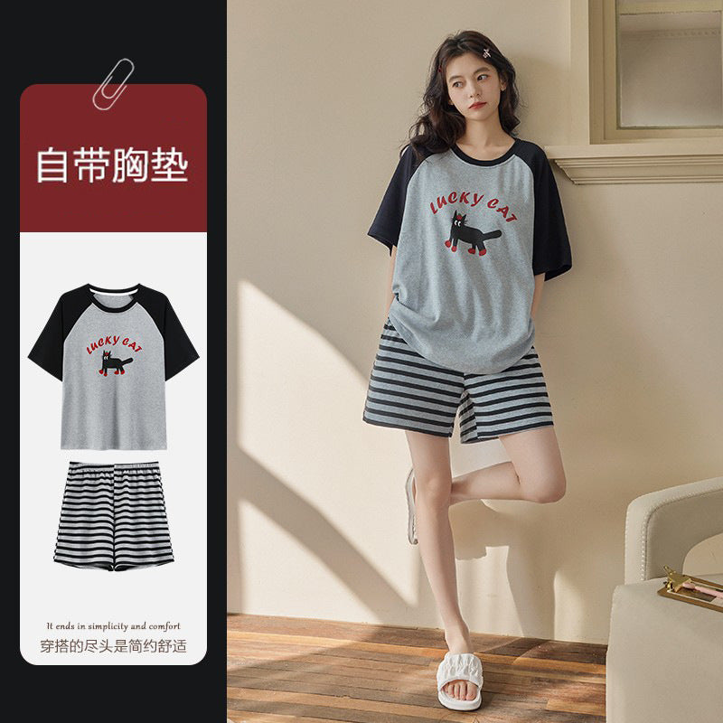 Z25040107自備胸墊睡衣女夏季純棉短袖簡約條紋可外穿學生家居服套裝