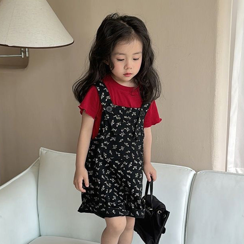 I26070701夏搭配整套親子裝一家四口碎花一件T恤母子碎花背帶褲套裝