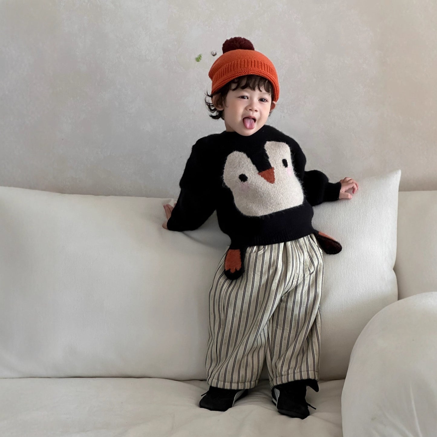 GN26012715兒童服飾秋冬款韓版童裝寶寶企鵝毛衣2025新男童加厚條紋褲套裝
