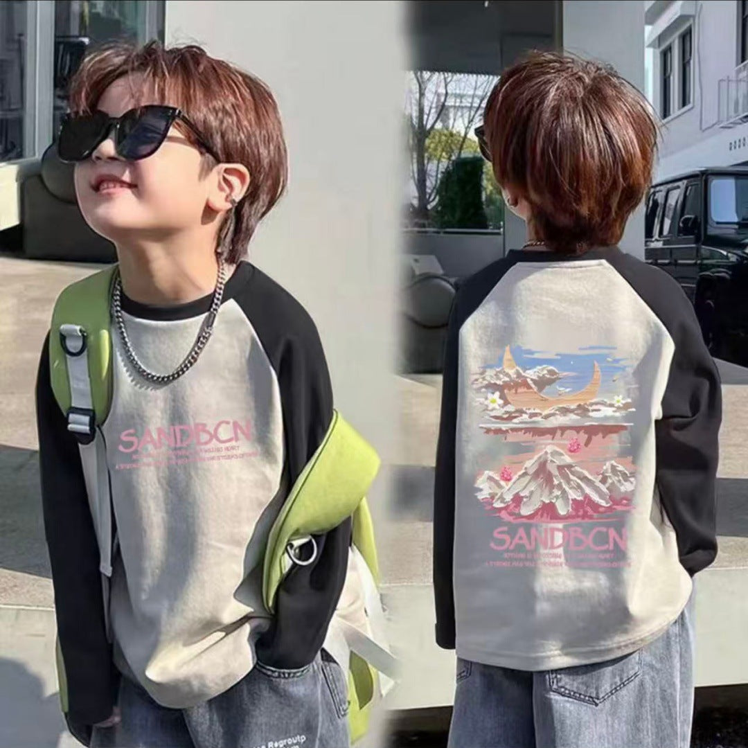 CE26090506 100%純棉男童插肩袖長袖T2026春秋時尚中大童剪裁撞色圓領打底衫