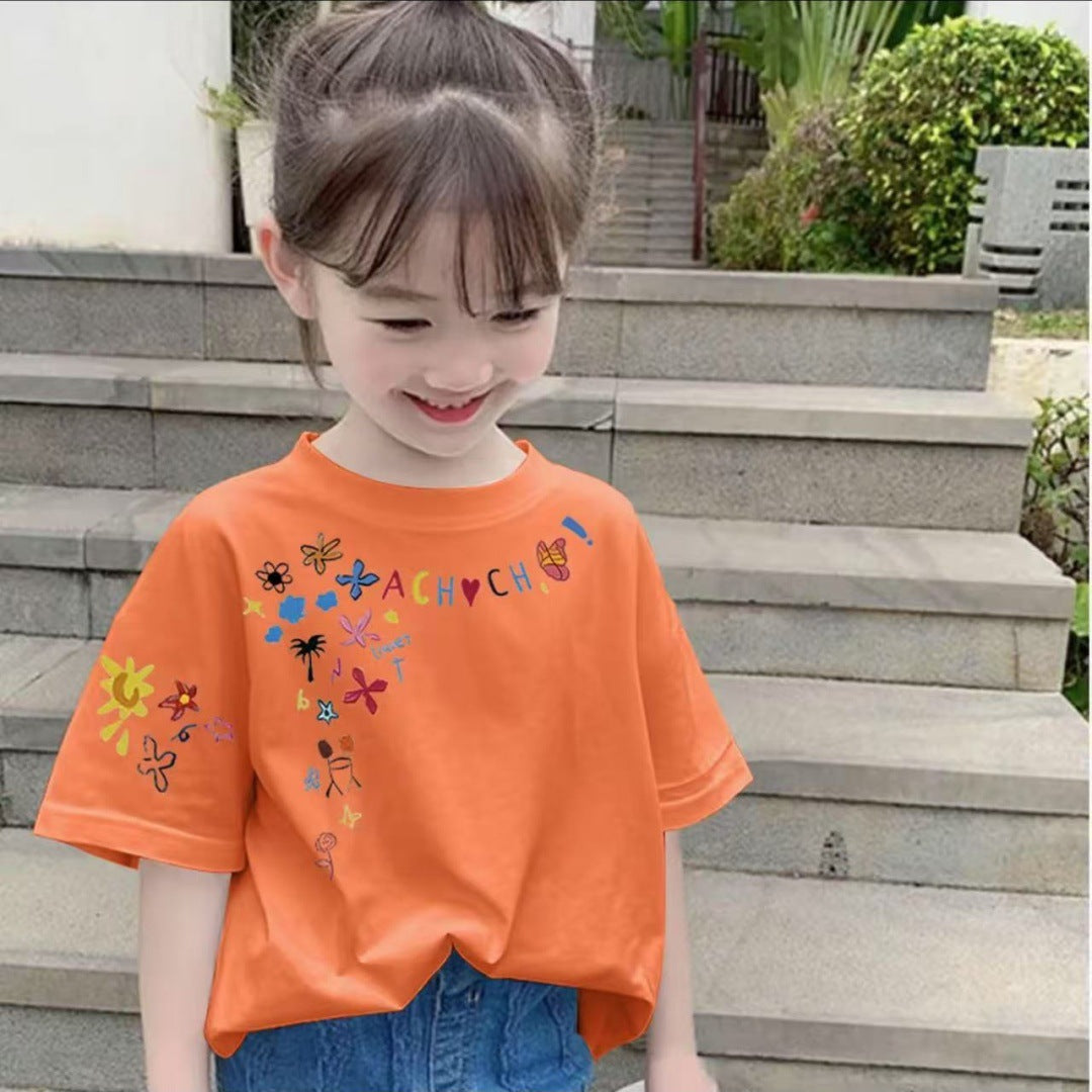 CE26022607女童純棉短袖夏季時尚兒童印花印花寬鬆百搭上衣中大童T卹半袖