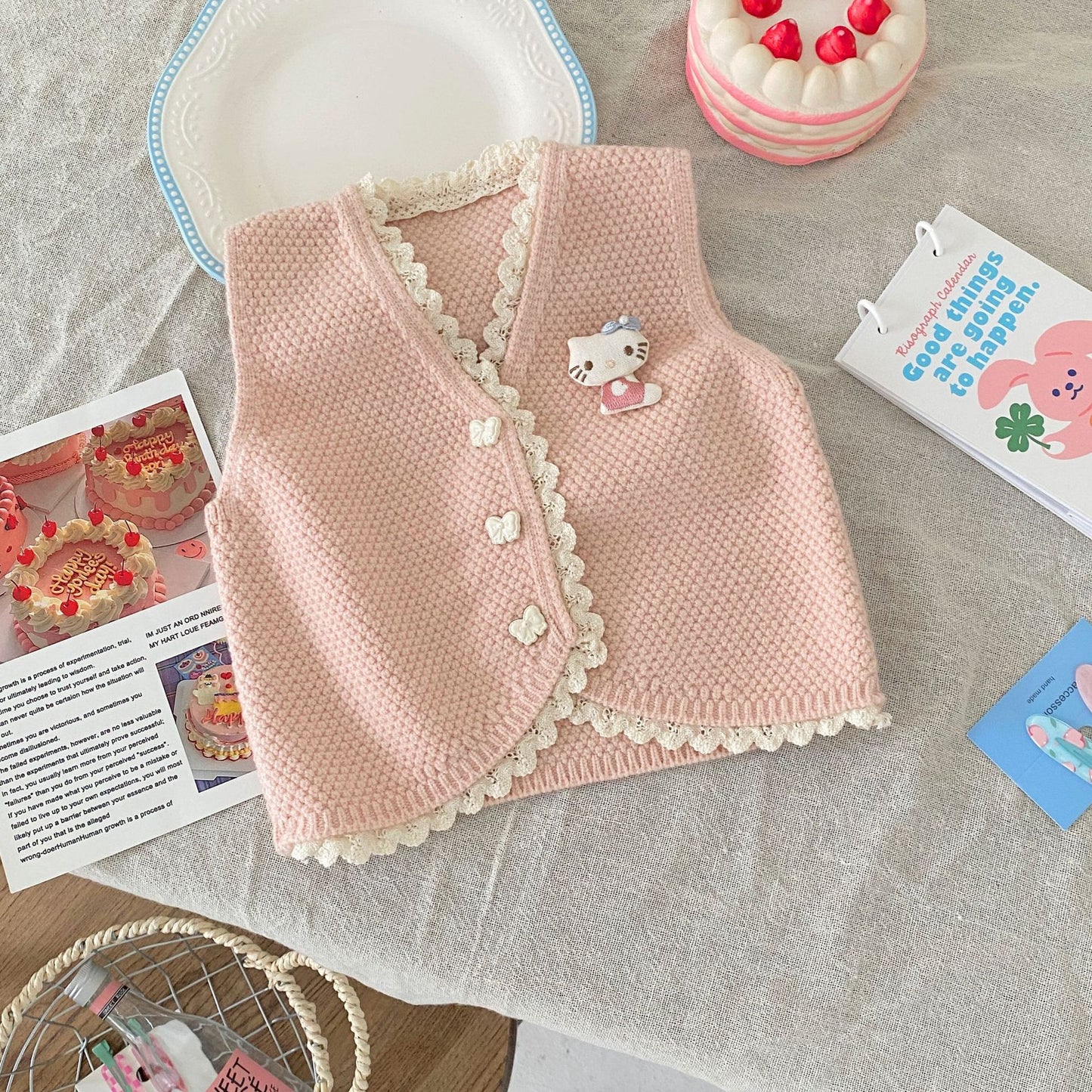 G25092506秋冬新款坎肩V領疊穿開襟背心純色蕾絲邊馬甲女針織衫百搭毛