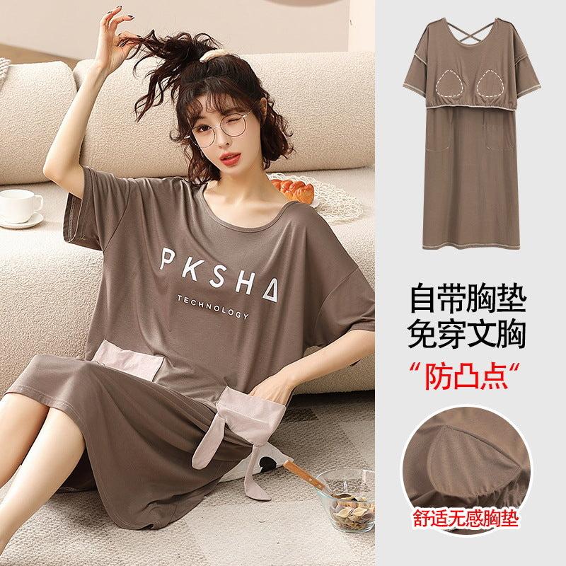 Z25040126自備胸墊一體式睡裙女款夏季短袖睡裙夏天莫代爾可外穿