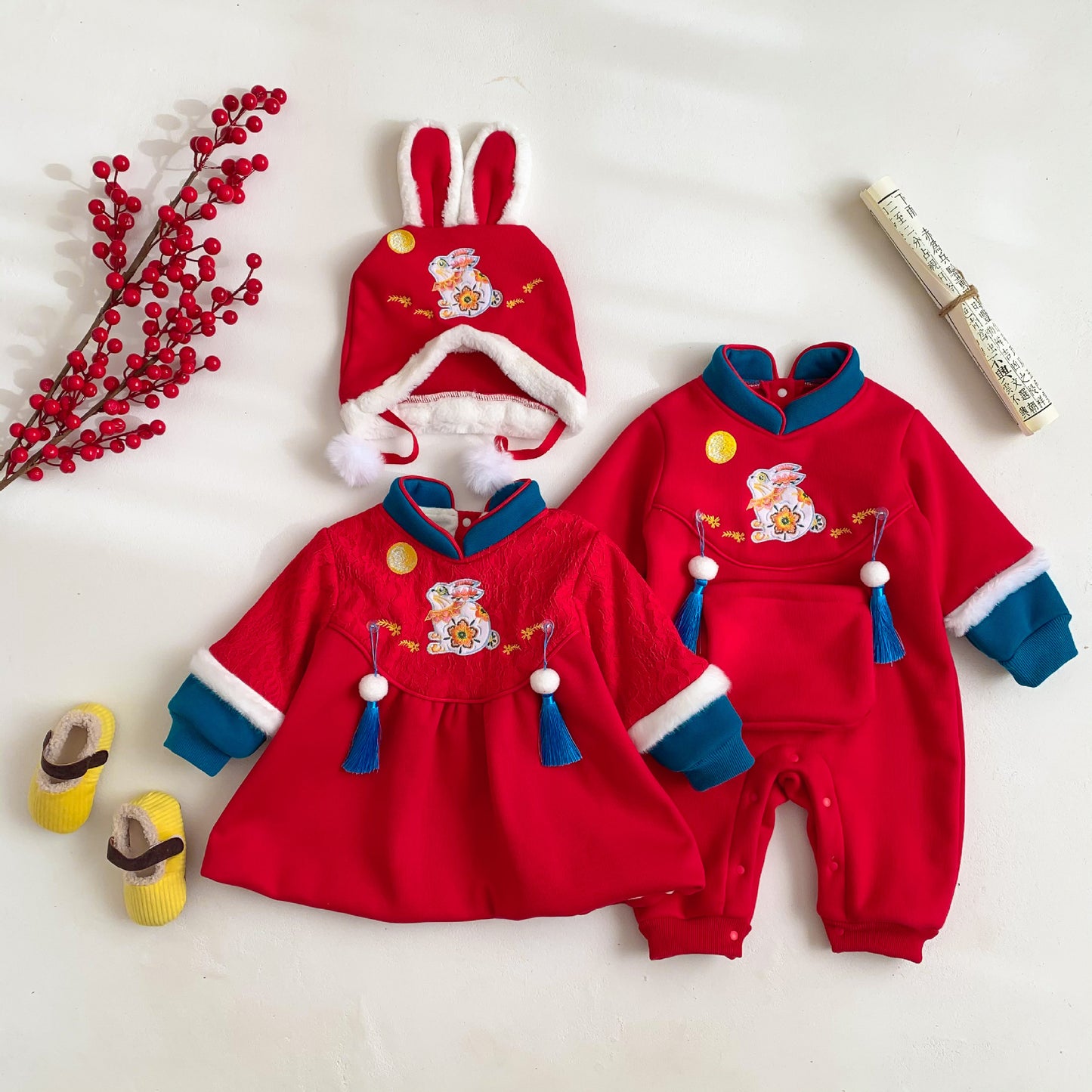 Z23111304兔年嬰兒衣服男女寶寶新年拜年服滿月百天週歲禮服公主哈衣中國風(9-12天到貨)
