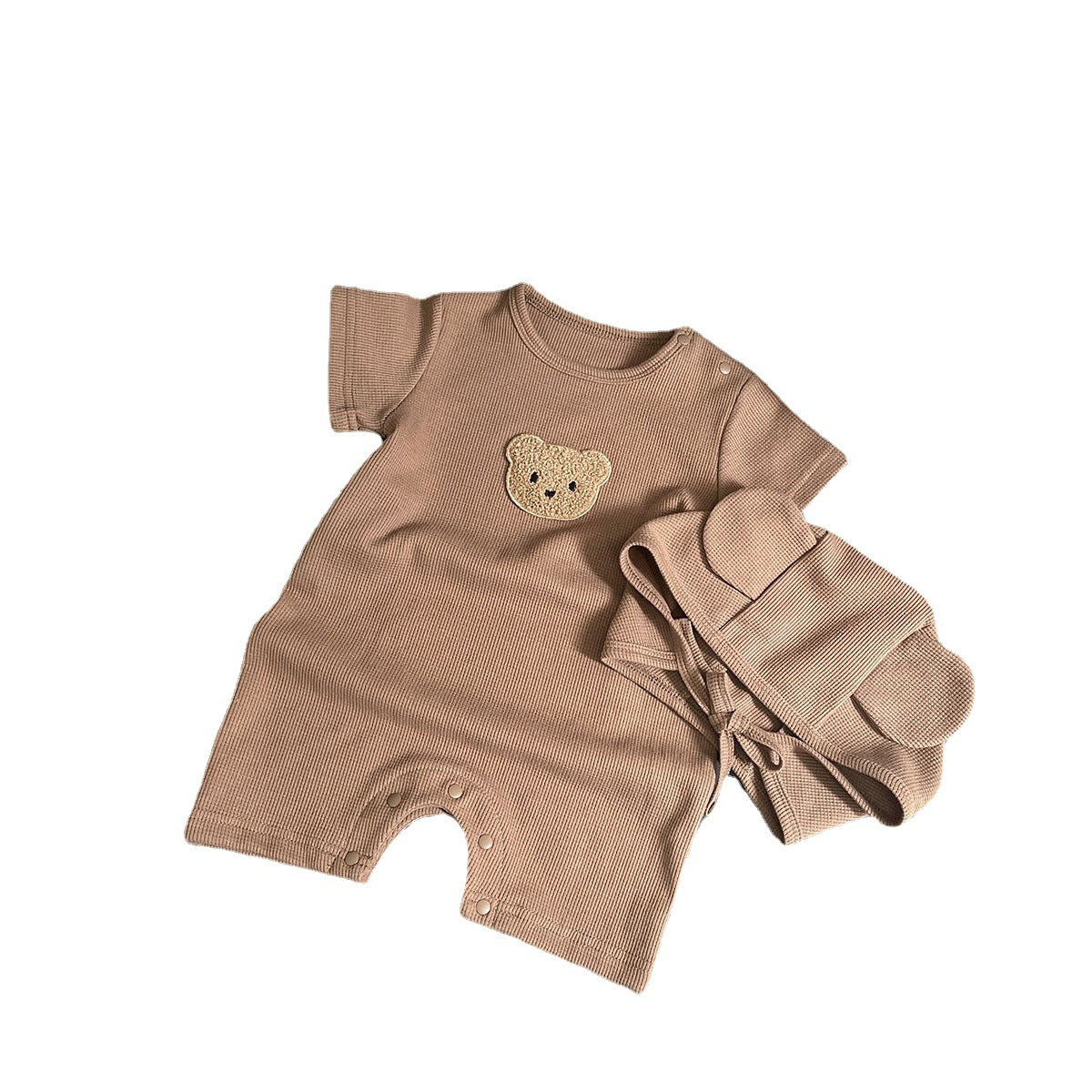Z25022323嬰兒連身衣夏季華夫格小熊寶寶衣服嬰幼童短袖連身爬服外穿服