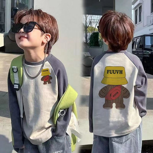 CE25091907純棉兒童長袖T恤春秋新款男童卡通插肩袖上衣中小童寶寶打底衫