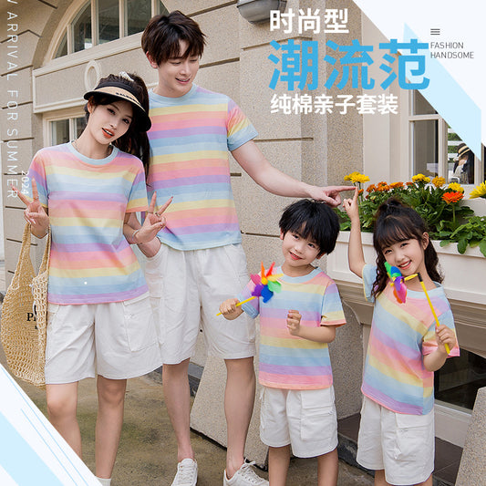 I26070707彩虹條紋袖T卹小清新糖果色純棉一家三口全家母女T恤短褲套裝