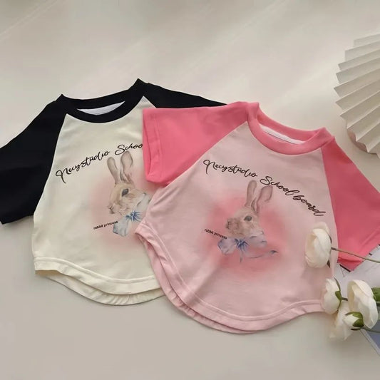 Z25030906女童T恤短袖夏裝韓版卡通兔外穿打底衫洋氣寶寶插肩百搭上衣