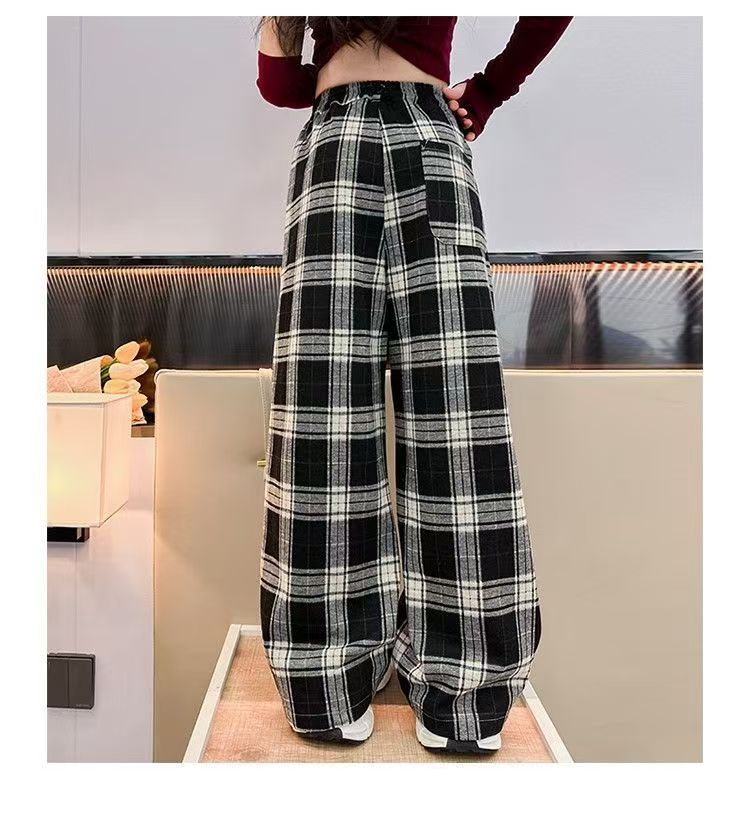 FG25112006女童闊腿褲2025新款高腰休閒兒童直筒褲洋氣女中大童韓版格紋長褲