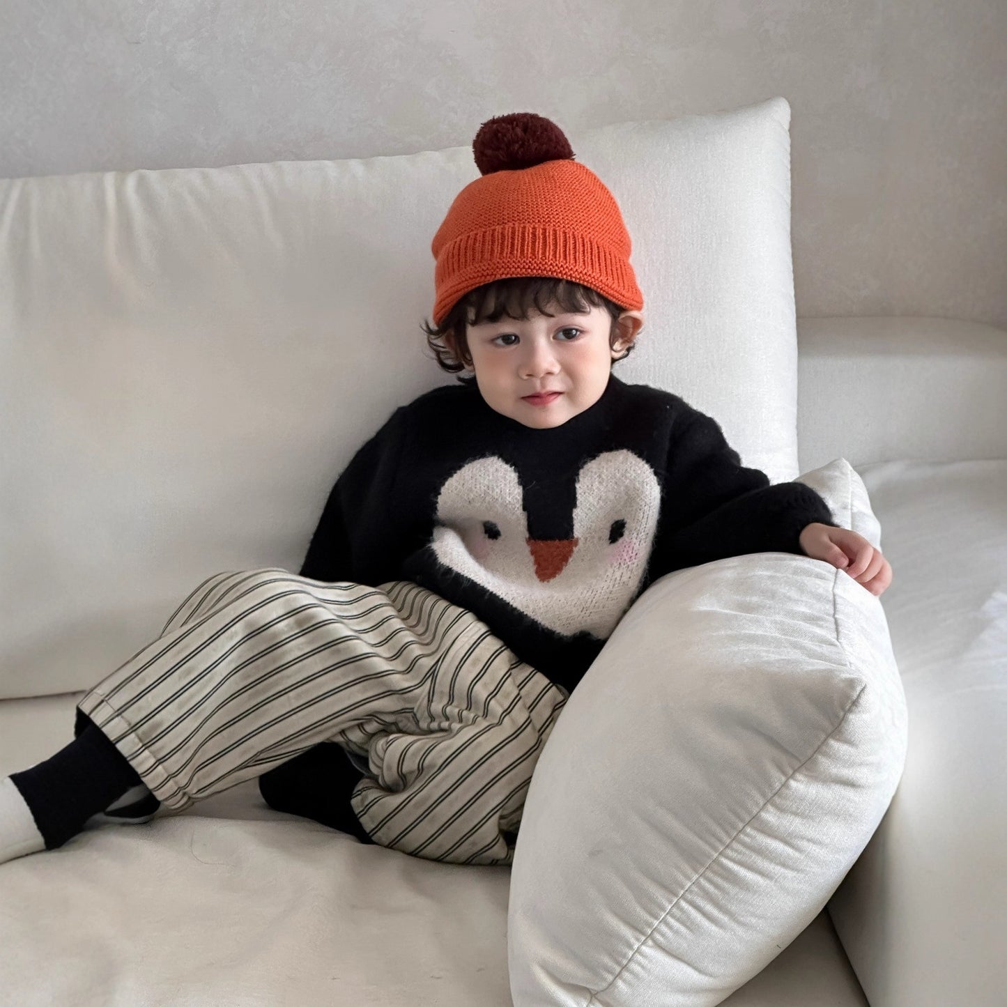 GN26012715兒童服飾秋冬款韓版童裝寶寶企鵝毛衣2025新男童加厚條紋褲套裝