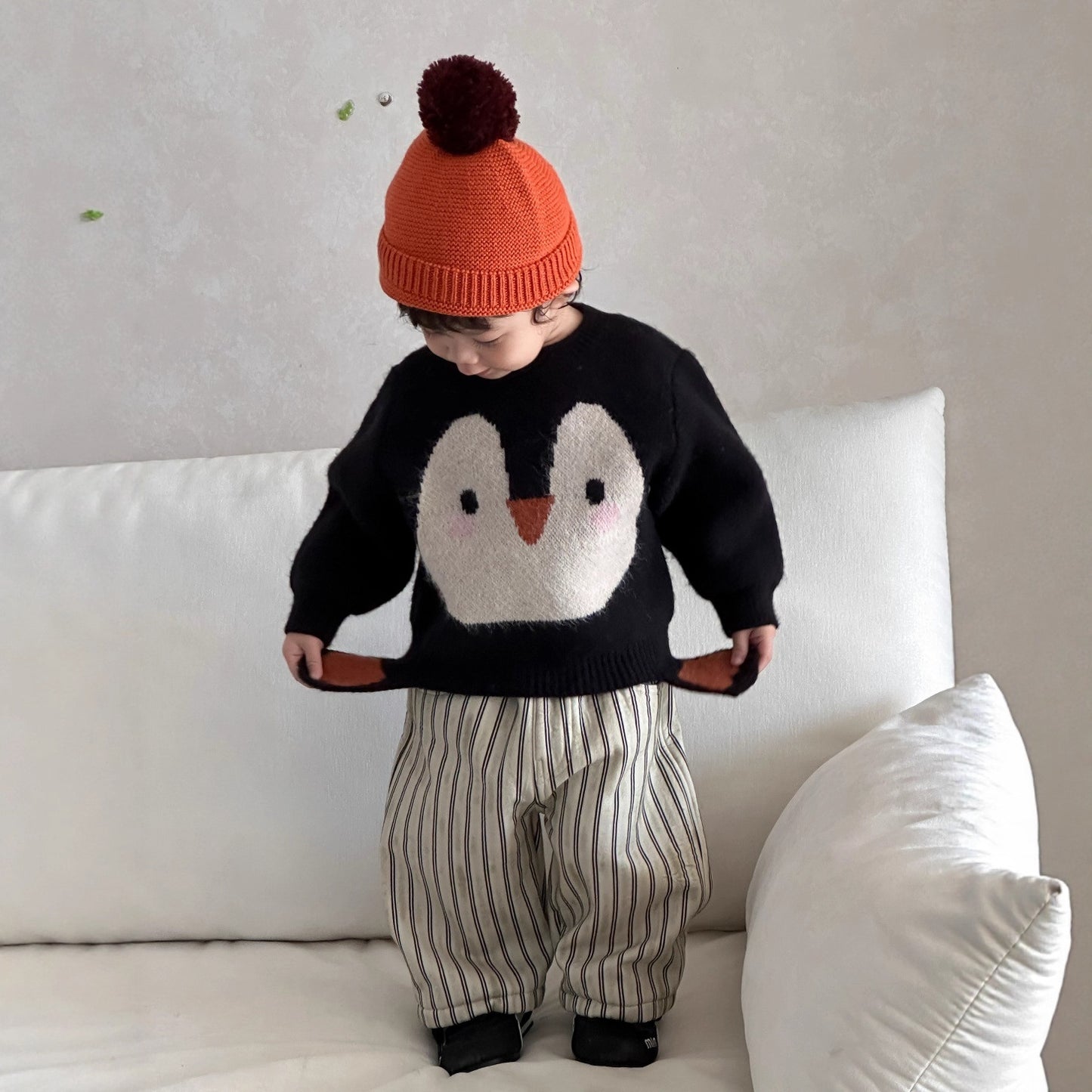 GN26012715兒童服飾秋冬款韓版童裝寶寶企鵝毛衣2025新男童加厚條紋褲套裝