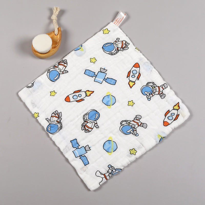 Z25040104純棉方巾六層口水巾高密兒童全棉小毛巾褶皺印花手帕紗布擦手巾